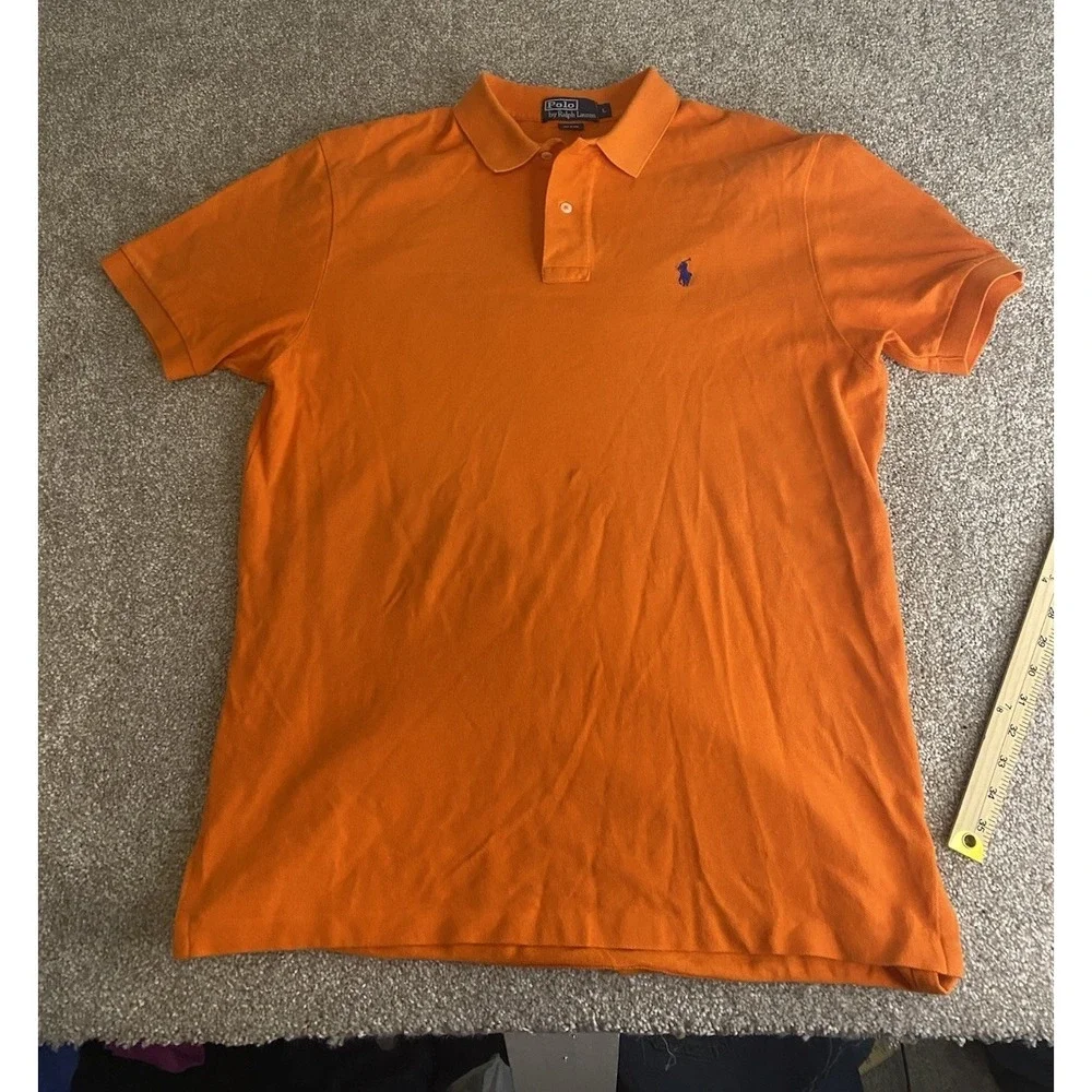 Polo Ralph Lauren Orange‎ Polo Shirt Mens Large Blue Pony Cotton Preppy Work